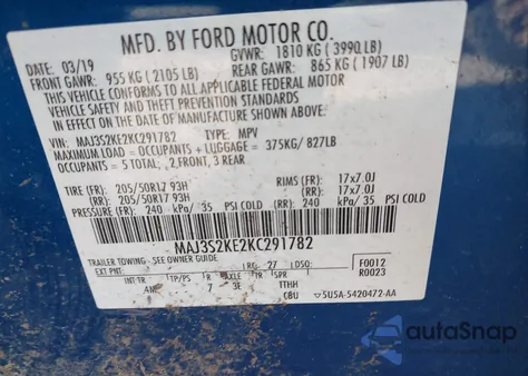 2019 Ford Ecosport Titanium from USA, damaged, VIN MAJ3S2KE2KC291782